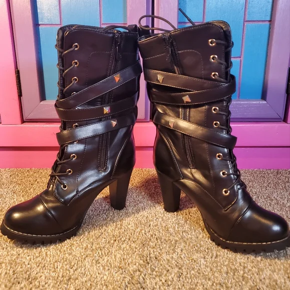 Hot Black Leather Boots Side Zip Buckle Strap Chunky High Heel with Studs Size 8 - Picture 2 of 13